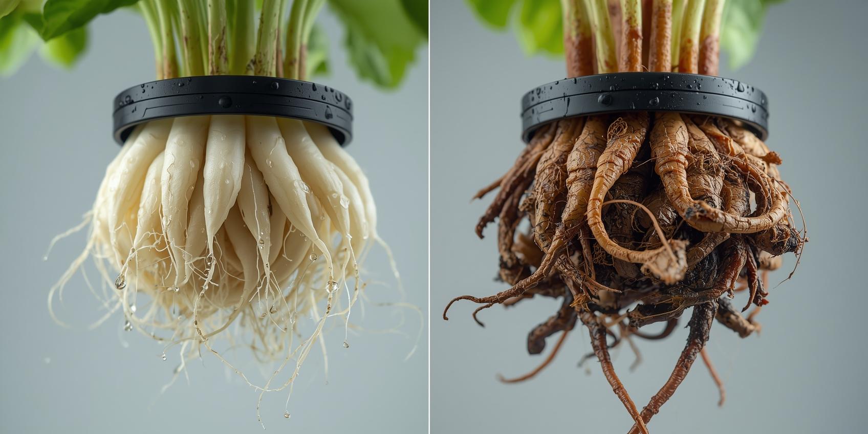 10 תקלות קריטיות במערכת הידרופונית ואיך לתקן אותן - 2 - השוואה בין שורשים בריאים לנרקבים