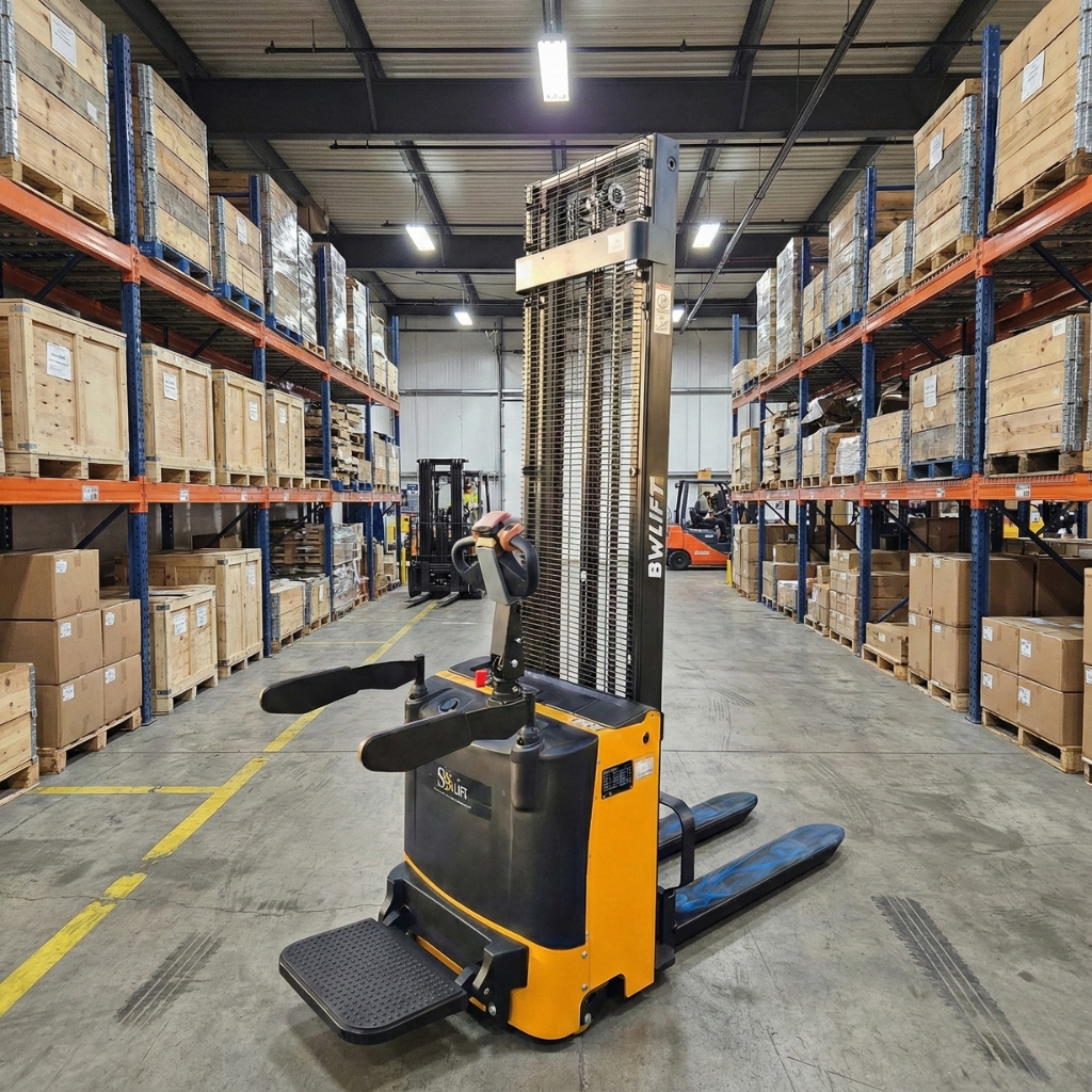 מלגזון-BWLIFT-גובה-4-מטר-1500-קג-אדם-רוכב-ברקע-3